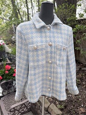 Classic Tweed Women's Jacket in Light Blue and Cream